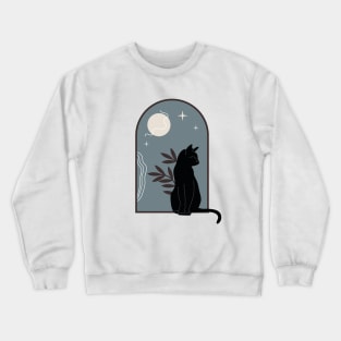 Black cat with plants and night sky in vintage boho minimalist style Crewneck Sweatshirt